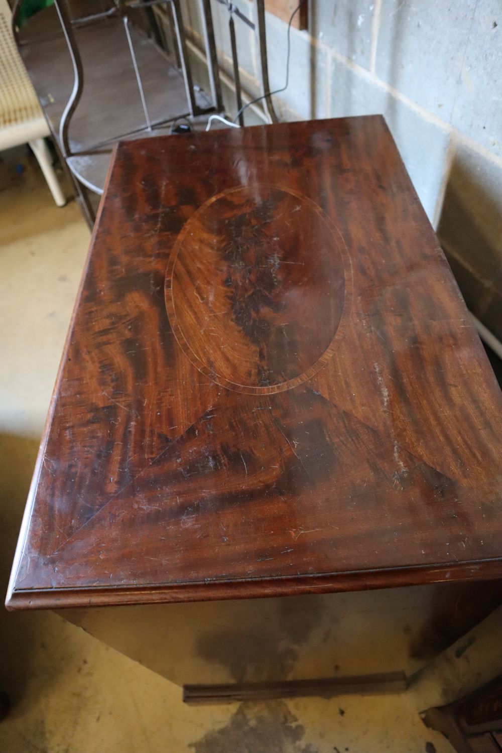 A George III style cross banded mahogany secretaire chest of drawers, width 81cm, depth 49cm, height 95cm